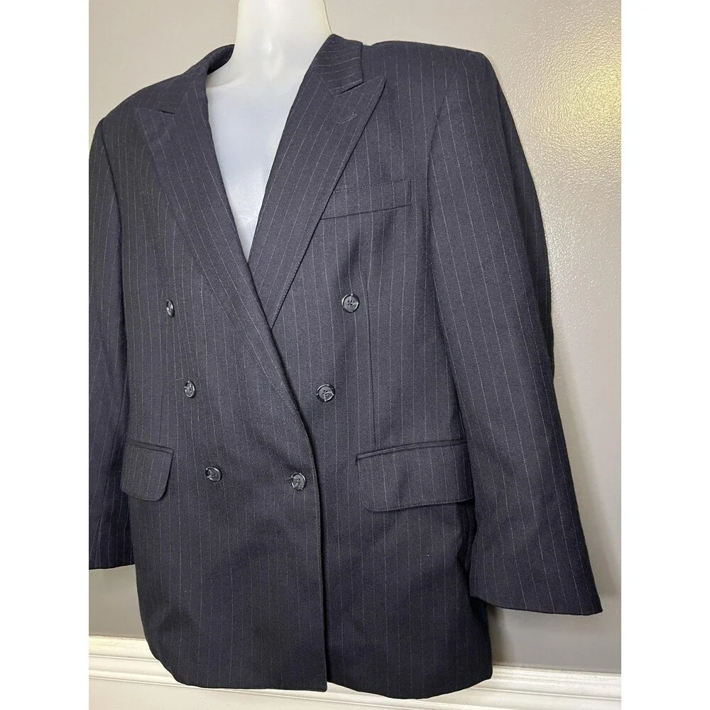 Christopher Brooks Suit Jacket Mens 41R Blue Pinstripe Double Breasted Wool